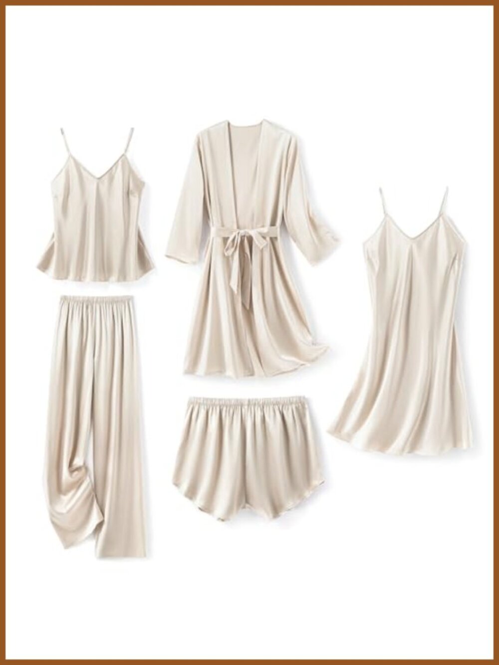 Satin 5-Piece Pajama Set Robe Nightgown Cami Shorts Pants Sleepwear Lounge